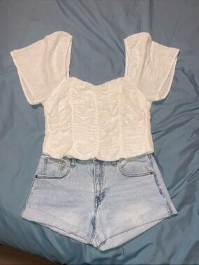 URBAN Romantics White Ruched Square-Neck Crop Top